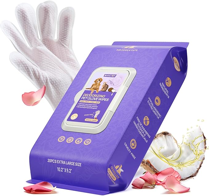 HICC PET Cleaning Deodorizing Glove Wipes for Dogs & Cats, Vet Recommended Hypoallergenic Hydrating & Nourish Fur Pet Grooming Glove Wipes, Pet Bathing Wipes for Horse Coat Care, 20pcs Rose Scent