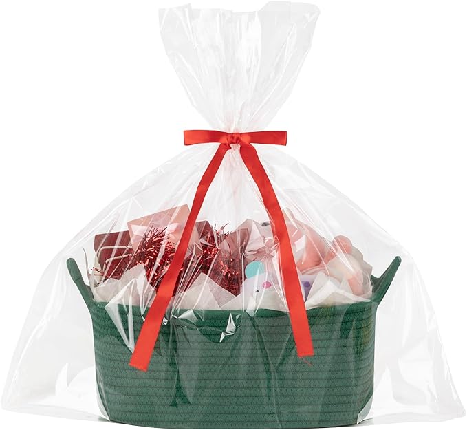 OIASKET Basket for Gifts Empty, Woven Storage Basket with Gift Bag, Ribbon and Wrap Tissue Paper, Small Rope Toy Storage with Handles for Christmas, Baby Shower, Dog Toy Organizer, 13.6" x 10" x 5.9”