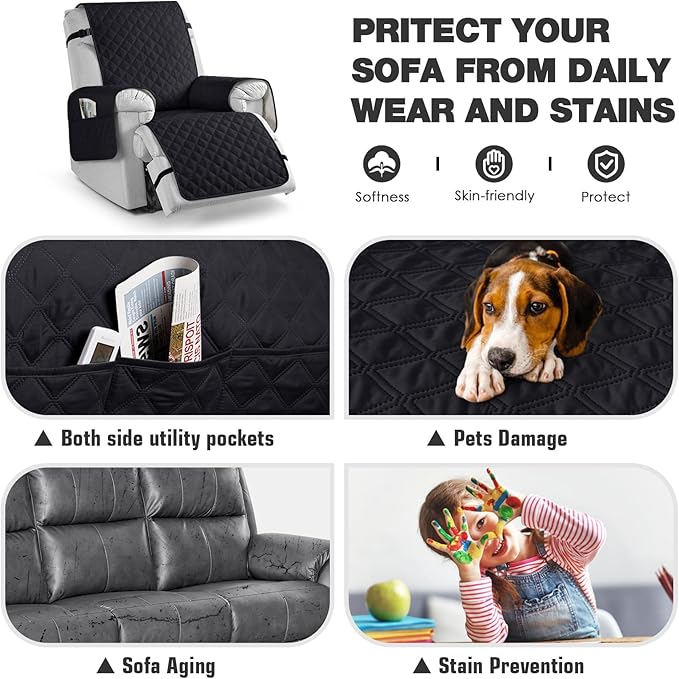 TAOCOCO Waterproof Recliner Chair Covers with Leg Strap 1 Piece Oversized Recliner Covers for Large Recliner for Pets Kids, Washable Reclining Chair Furniture Protector(28'' Oversized, Black)