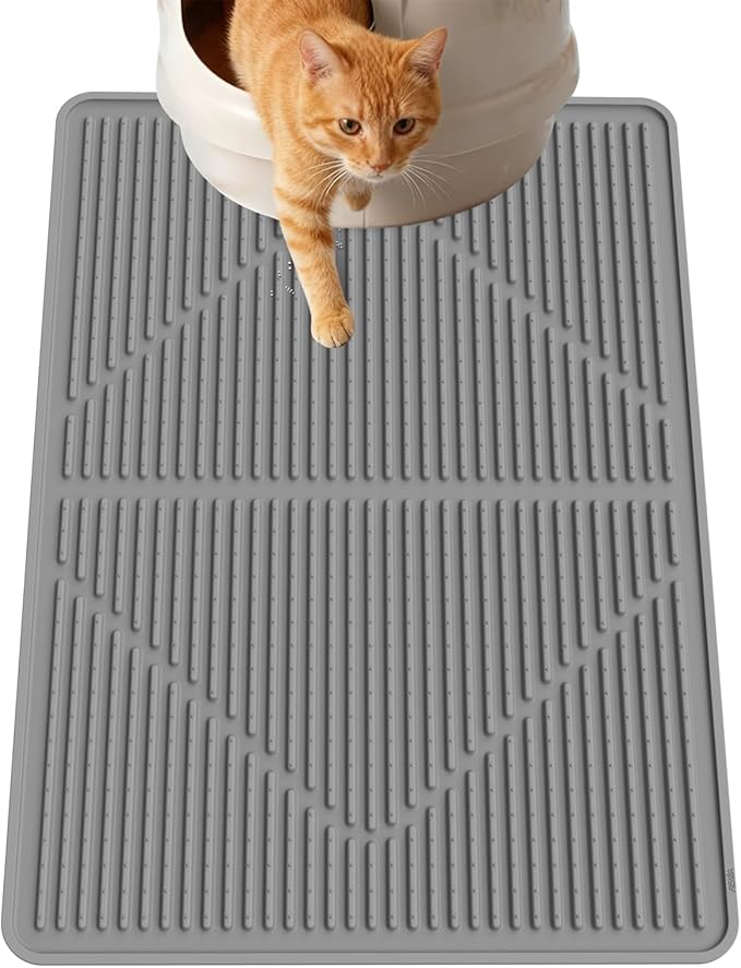 Gosmol Waterproof Cat Litter Mat, XL 28" x 20" Silicone Cat Mat for Litter Box, Large Trapping Mat with Deep Grooves, Easy Clean Non-Slip Pet Mats for Hooded/Self-Cleaning Litter Boxes - Grey