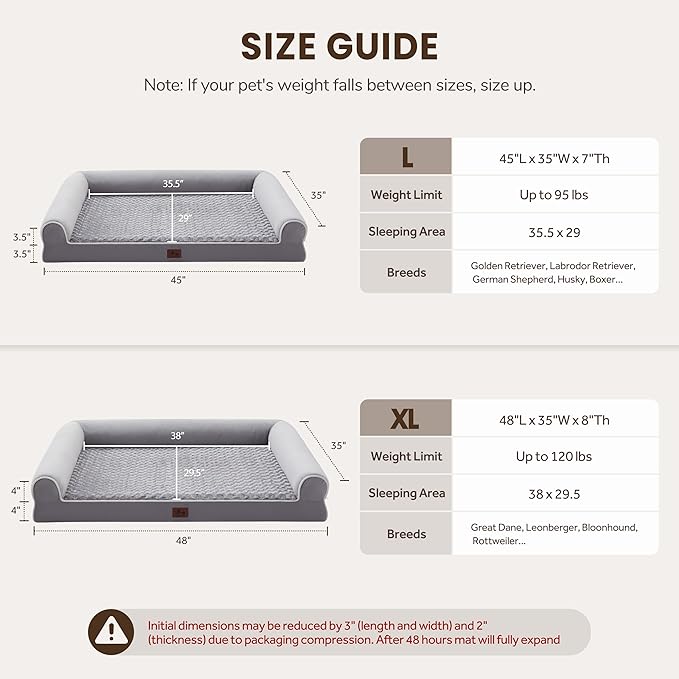 Orthopedic Dog Beds for Extra Large Dogs, Waterproof XL Pet Bed with Sides, Non-Slip Bottom and Egg-Crate Foam Large Pet Couch Sofa with Washable Removable Cover, Light Grey