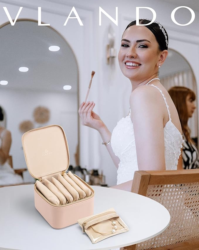 Vlando Jewelry Travel Case,Travel Jewelry Organizer with Clear Velvet Jewelry Bags 6Pcs Zipper Pouch for Women Gift Ideas for Birthday Wedding Graduation-Khaki