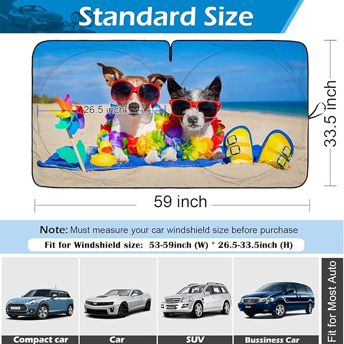 IC ICLOVER Windshield Sun Shade Funny for Car SUV Truck, 240T Polyester Blocks Heat and Sun, Foldable UV Ray Reflector Front Window Sun Shade Visor Shield Cover - 59inchx33inch (Dog with Glasses)