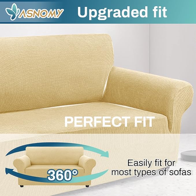 Asnomy Sofa Covers for 2 Cushion Couch Stretch loveseat Covers Slipcovers, Pet Protector Furniture Covers for Dogs Cats Spandex Jacquard Fabric Small Checks （Medium，Champagne）