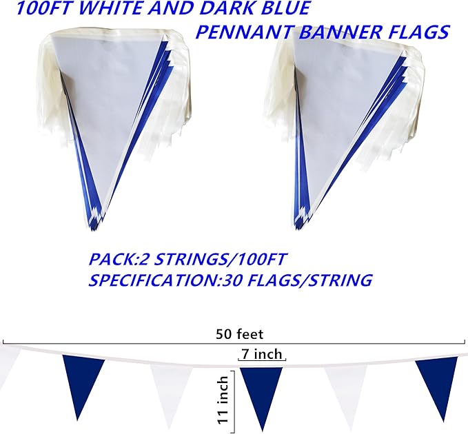 100 Feet Dark Blue & White Pennant Banner Flags String Hanging Dark Blue & White DIY Triangle Bunting Flags,Party Decorations for Grand Opening,Party Events Celebration,Kids Birthday,60 Pcs