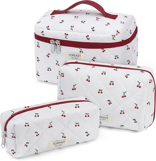TOPEAST Christmas Gifts for Women Girls - 3Pcs Travel Makeup Bag Large Cotton Quilted Make Up Brush Bags, Portable Cute Cosmetic Bag Sets Machine Washable Toiletry Pouch, Cherry