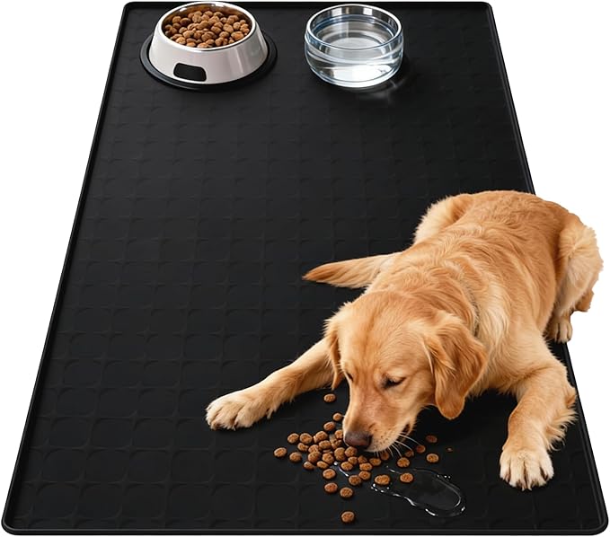 Extra Large 34x22 Inch Machine Washable Silicone Pet Food Mat - Waterproof Dog & Cat Bowl Mat with Raised Edge, Non-Slip Floor Protector for Large Dogs, Multi-Pet Homes (Black)