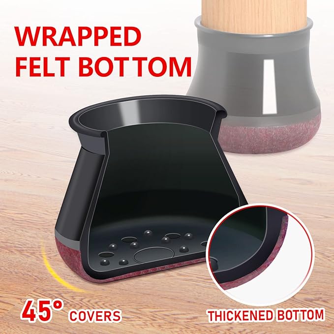 24 Pcs Chair Leg Floor Protectors, Black Silicone Chair Leg Protectors Caps Covers for Hardwood Floors, Furniture Pads Sliders with Wrapped Felt Bottom Medium (Fit:0.76"-1.18")