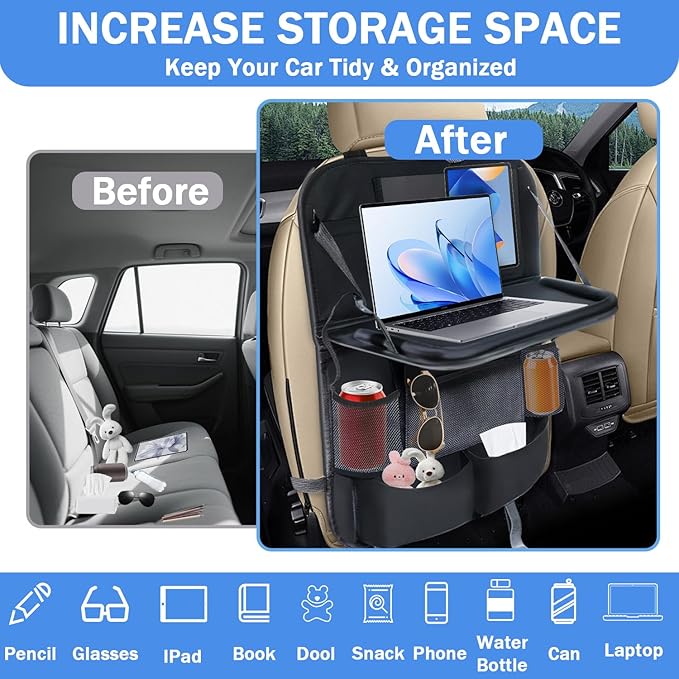 Backseat Car Organizer, Kick Mats Back Seat Protector with 8 Storage Pockets, Car Organizers and Storage with Car Food Tray Travel Accessories, 2 Pack