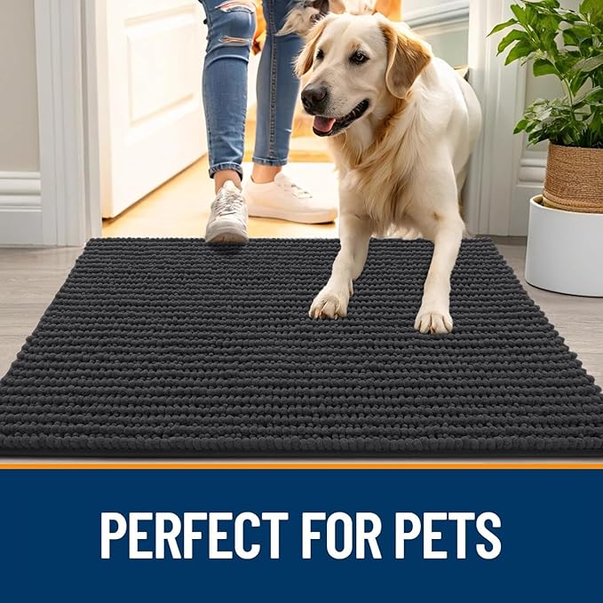 OLANLY Dog Door Mat for Muddy Paws 47x20, Ultra Absorbent Chenille Mud Doormat, Non-Slip Washable and Dirt Trapping Doormat for Indoor Entryway, Quick-Dry Indoor Pet Bed Mats for Dogs, Dark Grey