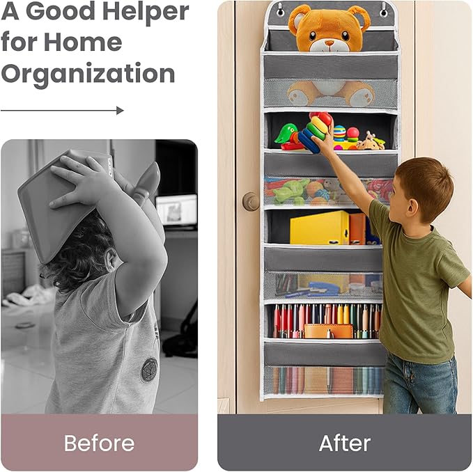 Kitchen Organizers and Storage with 4 Side Mesh Pockets, 44lb Weight Capacity Hanging Behind The Door Storage Suitable for Storing Toys, Shoes, Towels, Dark Grey, 4 Shelf