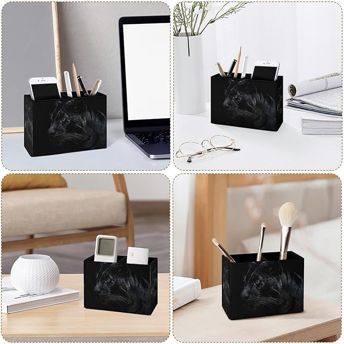 Famame Black Leopard Pencil Holder for Desk, Leather Desktop Container Pen Cup Storage Study Table Pen Organizer Makeup Brush Holder for Classroom Office Home