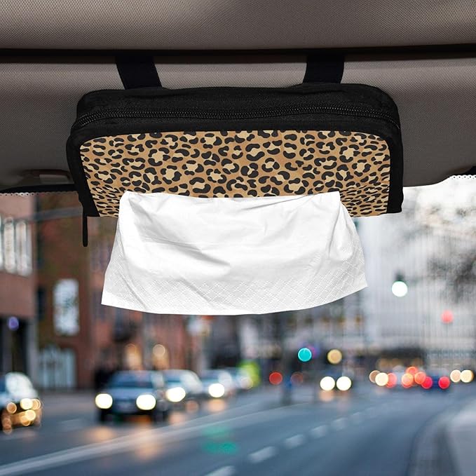 Car Tissue Holder Car Napkin Holder Car Tissue Box Dispenser Storage Case Sun Visor Mask Holder with Adjustable Straps Reusable Refillable Brown Leopard Print