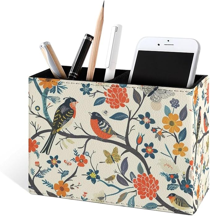 Famame Birds And Butterfly Tree Pencil Holder for Desk, Leather Desktop Container Pen Cup Storage Study Table Pen Organizer Makeup Brush Holder for Classroom Office Home
