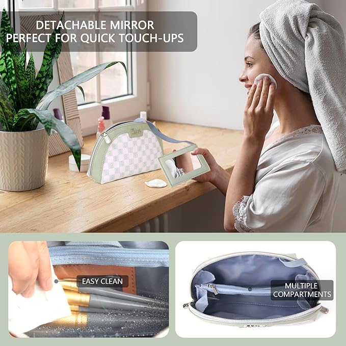 BOYATU Small Travel Makeup Bag for Women: Elegant Vegan Leather Cosmetic Pouch for Purse - Waterproof Toiletry Bag with Mirror(022-Green)