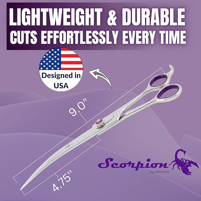Kenchii Scorpion Dog Grooming Scissors, 9 Inch Curved Shears, Dog Scissors for Grooming, Professional Pet Grooming Scissors, Heavy Duty, Durable and Sharp