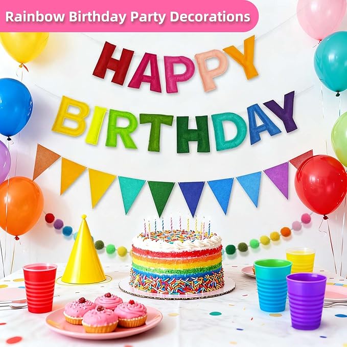 Pre-Strung 3D Happy Birthday Banner-Felt Happy Birthday Decorations Ball Garland Pennant Flag Reusable Rainbow Birthday Decorations Multicolor Rainbow Bunting String Triangle Flags Birthday Party Decor