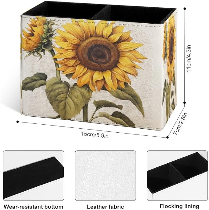 Famame Vintage Sunflowers Pencil Holder for Desk, Leather Desktop Container Pen Cup Storage Study Table Pen Organizer Makeup Brush Holder for Classroom Office Home