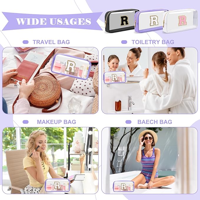 Personalized Initial Letter Clear Makeup Bag,Preppy Small Nylon&PVC Cosmetic Zipper Bag with Chenille Letter,Travel Skincare Toiletry Bag,Monogram Christmas Gift for Teen Girls Women,R