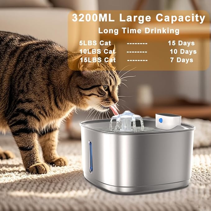 Wireless Cat Water Fountain Stainless Steel, 108oz/3.2L Cat Fountain Battery Operated, Cordless Pet Water Fountain for Cats & Dogs with Motion Sensor, Ultra Quiet Pump, Multi-Filtration