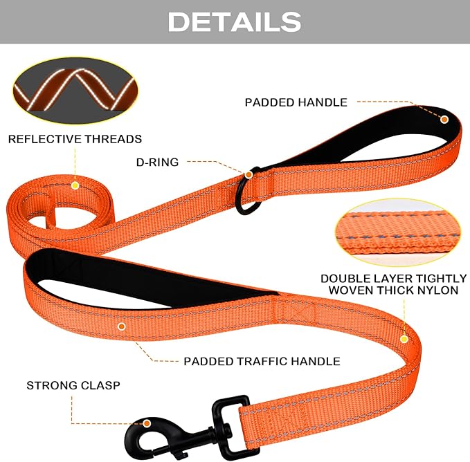 Joytale Dog Leash Heavy Duty for Large Dogs that Pull, Double Handle for Traffic Control, Double-Sided Reflective Leashes for Large Medium Dogs Night Safety, 4FT, Orange
