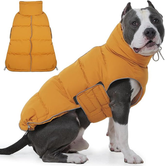 FUAMEY Dog Puffer Jacket for Large Dogs,Dog Cold Weather Coats Winter Dogs Down Jackets Waterproof Pet Snowsuits Warm Puppy Winter Vest Turtleneck Pets Adjustable Jackets Coats Mustard Yellow XXXL