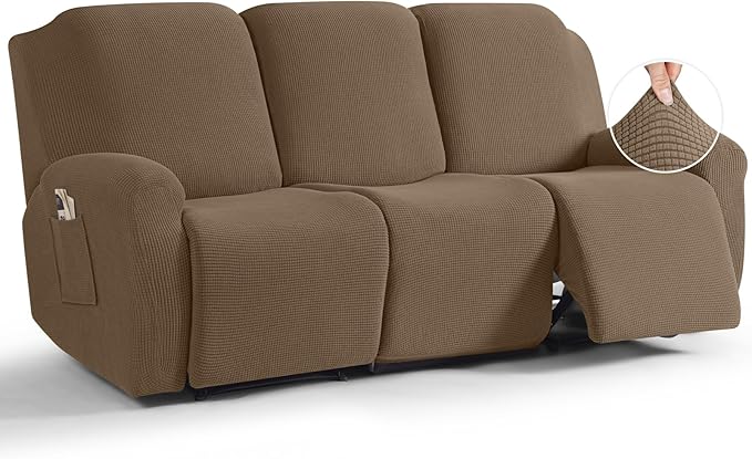 TAOCOCO Recliner Sofa Covers 8-Pieces Stretch Large Couch Covers for 3 Seats Reclining Slipcovers Soft Jacquard Pattern Furniture Protector (Khaki)