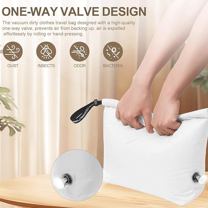 Travel Laundry Bag, Vacuum Compression Dirty Clothes Travel Bag Waterproof Wet Dry Bags Large Capacity Space Saver Bags Reusable Camp Clothes Organizer for Sports Dorm Laundromat (1 Pcs ) (White, M)