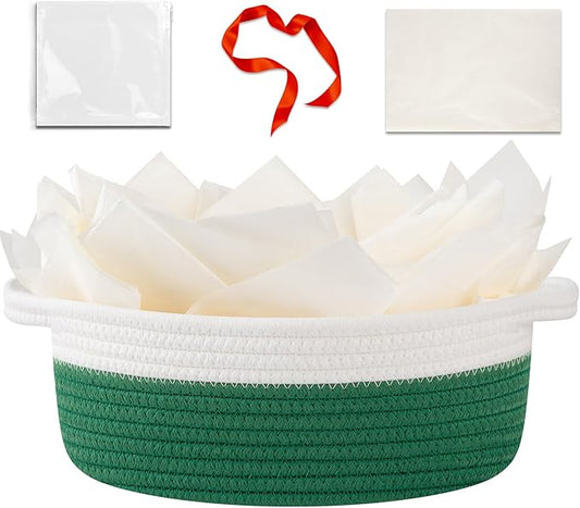 OIAHOMY Gift Basket Empty with Handle, 12"x 8"x 5" Small Woven Basket with Gift Bag, Ribbon and Wrap Tissue Paper, Dog Toy Storage for Organizing - Green & White