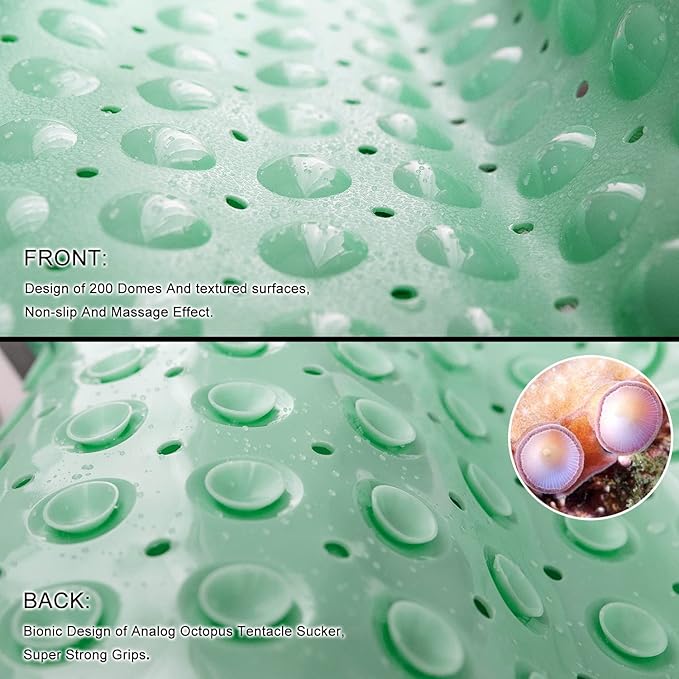 Bath Tub and Shower Mats, Non-Slip 39 x 16 Inch Extra Long Bathtub Mat, Machine Washable BathMat with Drain Holes, Suction Cups for Bathroom (Opaque Pale Green)