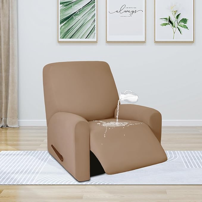 PureFit 100% Dual Waterproof Recliner Cover, Waterproof Couch Cover for Recliner - Stretch Non Slip Fleece Sofa Covers Washable, Leakproof Furniture Protector for Kids, Pets, Dog (Recliner, Camel)