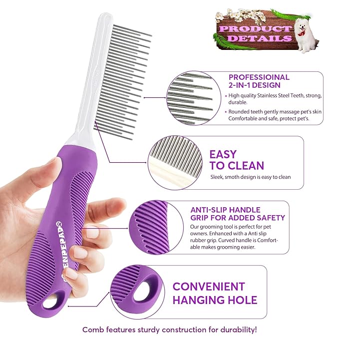 GENPEPADO Grooming Comb for Dogs and Cats with Matted Hair, Detangling Pet Comb with Long and Short Stainless Steel Metal Fine Teeth for Removing Mats, Tangles, Knots & Loose Fur from The Undercoat