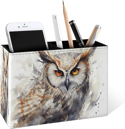 Famame Splash Owl Orange Eyes Pencil Holder for Desk, Leather Desktop Container Pen Cup Storage Study Table Pen Organizer Makeup Brush Holder for Classroom Office Home