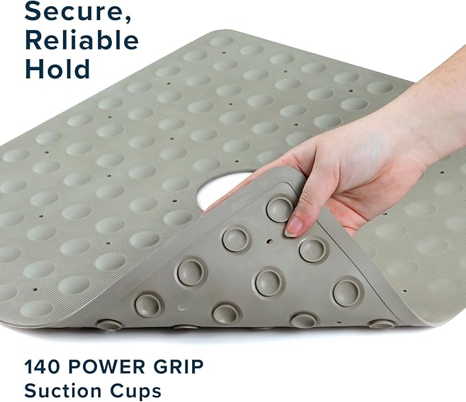 SlipX Solutions Square Natural Rubber Shower Stall Mat, 21” x 21”, Non Slip Safety, Built-in Product Protection, 140 Power Grip Suction Cups, Center Drain Hole, Tan