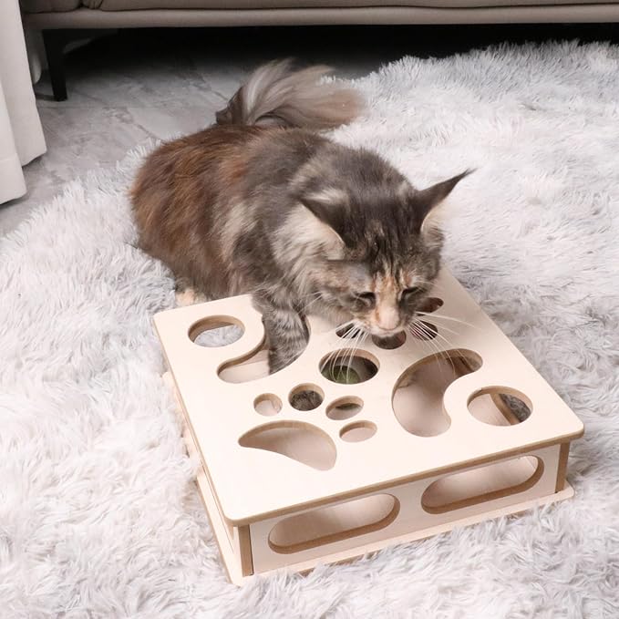 DI BI GRAMAS Cat Interactive Box Puzzle Toy with 3 Small Balls and 1 Bell Indoor Hunting Exercise Toy for Kittens Natural Wood Material
