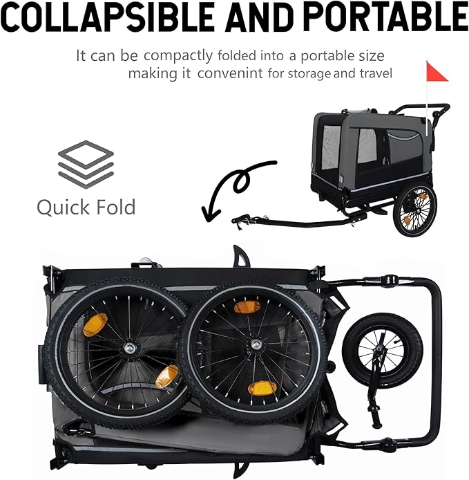 Extra Large 2-in-1 Bike Trailer & Push Cart for Pets - Detachable Bike Hitch & Push Handle Included - All-Terrain Wheels Quick Release, Non-Slip Floor, Internal Leash, Up to 88 lbs