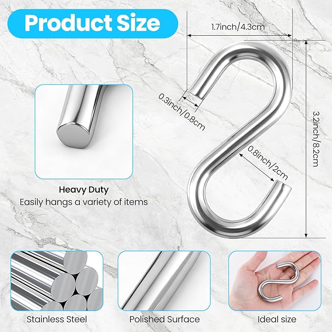6 Pack Heavy Duty S Hooks, 3.2 Inch 304 Stainless Steel S Hook, s Shaped Hook, Grade Quality Utility Hooks for Hanging Hammock Stand, Swing, Plants
