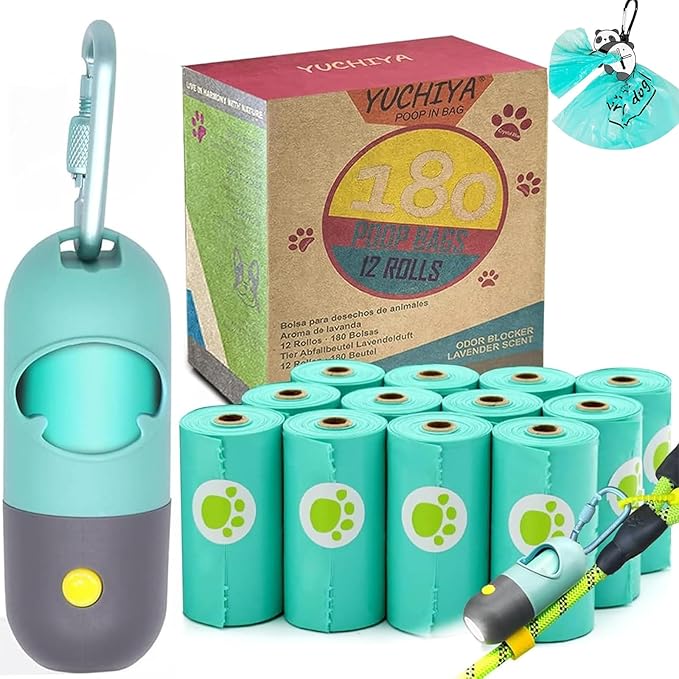 Dog Waste Bags Holder with LED Flashlight Doggie Poop Bags Dispenser with 13 Rolls Blue Leak-Proof Pet Trash Bags and Dog Walking Accessories (Crystal Blue)