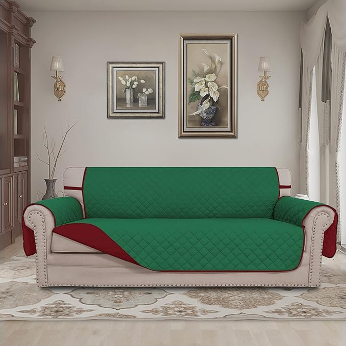 Easy-Going Reversible Oversized Couch Cover for 3 Cushion Couch Sofa Cover for Dogs Water Resistant Furniture Protector Cover with Foam Sticks for Pet (Oversized Sofa, Green/Christmas Red)