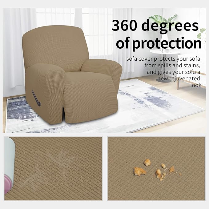 Easy-Going 4 Pieces Oversized Recliner Stretch Sofa Slipcover Sofa Cover Furniture Protector Couch Soft with Elastic Bottom Polyester Spandex Jacquard Fabric Small Checks Tan,X-Large