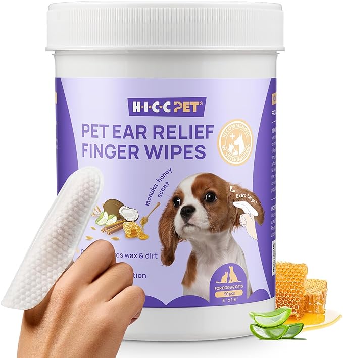 HICC PET Ear Cleaner Wipes for Dogs & Cats, Vet-Recommended Dog Ear Infection Treatment to Relief Itching & Inflammation, Remove Wax, Dirt & Stop Smelly, Cleaning Deodorizing Wipes 50ct(Honey Scent)