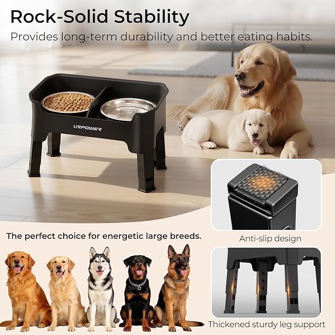 URPOWER Mess Proof Elevated Dog Bowls, High Wall Splash Guard Design, 4 Height Adjustable Raised Bowl Stand, 2 Large Stainless Steel Bowls, Non-Slip Food Water Set for Small Medium Large Dogs