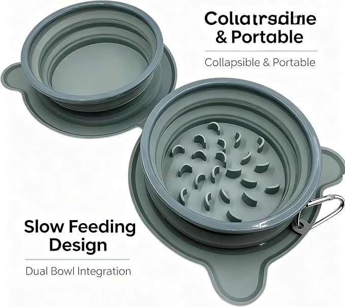 Collapsible Dog Bowls, 2-in-1 Silicone Pet Food and Water Bowl with Carabiner - Portable Double Compartment Travel Dish for Dogs, Ideal for Camping, Hiking, Car Rides, Puppy Essentials (Gray)