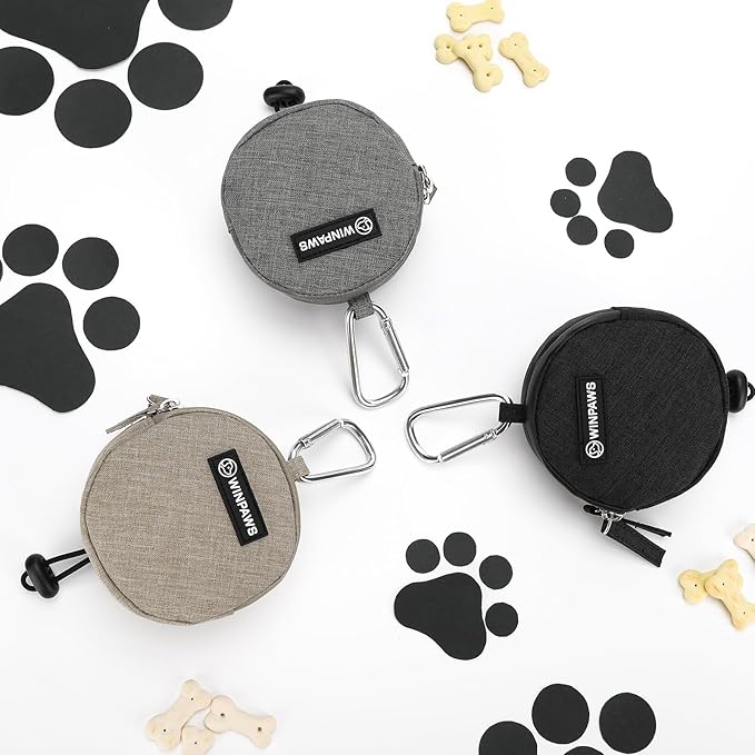 Dog Poop Bag Holder for Leashes- Dog Treat Pouch with Waterproof Zipper,Puppy Training Small Bag with Carabiner & Bungee Toggle,Two Pockets for Dry or Wet Treats-Pet Travel Walking Essentials (Khaki)
