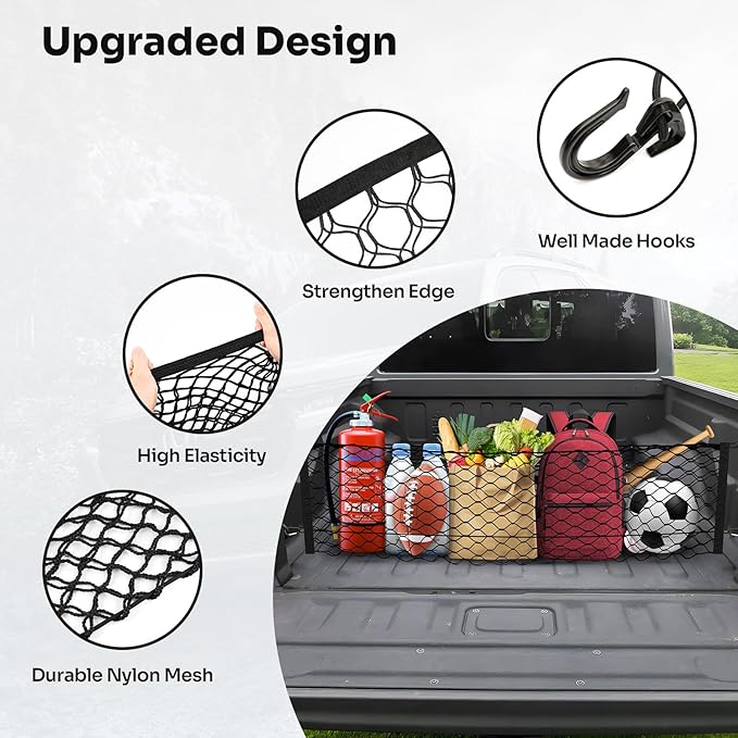 Trunk Cargo Net for 2020-2026 Jeep Gladiator Accessories Envelope Style Mesh Trunk Net Organizer and Storage Stretchable Adjustable Elastic Nylon Rear Cargo Netting with Hooks