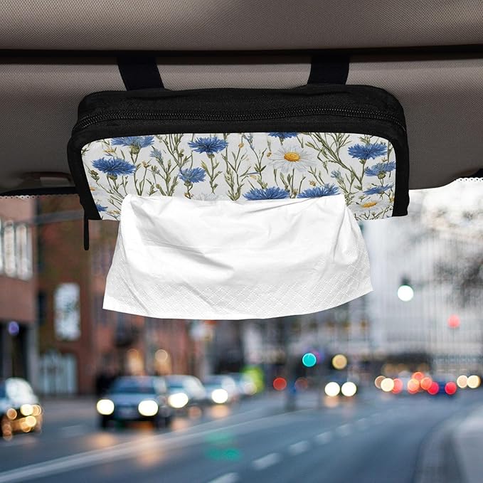 Car Tissue Holder Car Napkin Holder Car Tissue Box Dispenser Storage Case Sun Visor Mask Holder with Adjustable Straps Reusable Refillable Blue and White Daisy03
