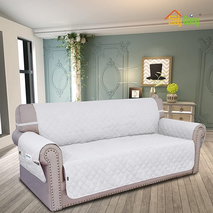 Easy-Going Sofa Slipcover Waterproof Couch Cover for 3 Cushion Couch Sofa Cover Furniture Protector Cover Pets Covers Washable Non-Slip Fabric Pets Kids Children Dog Cat (Sofa, White)