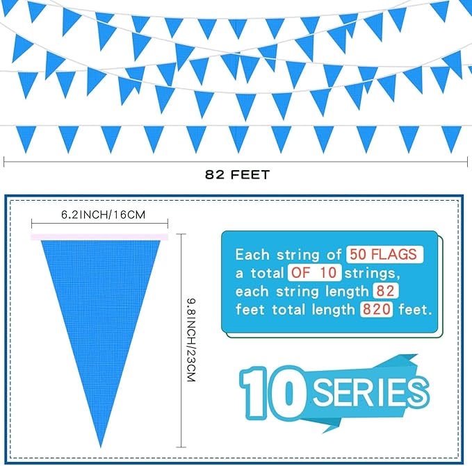 Tatuo 820 ft 500 Pcs Pennant Banner Flag String Hanging Triangle Bunting Flag for Carnival Party Outdoor Events Birthday Classroom Decoration(Blue)