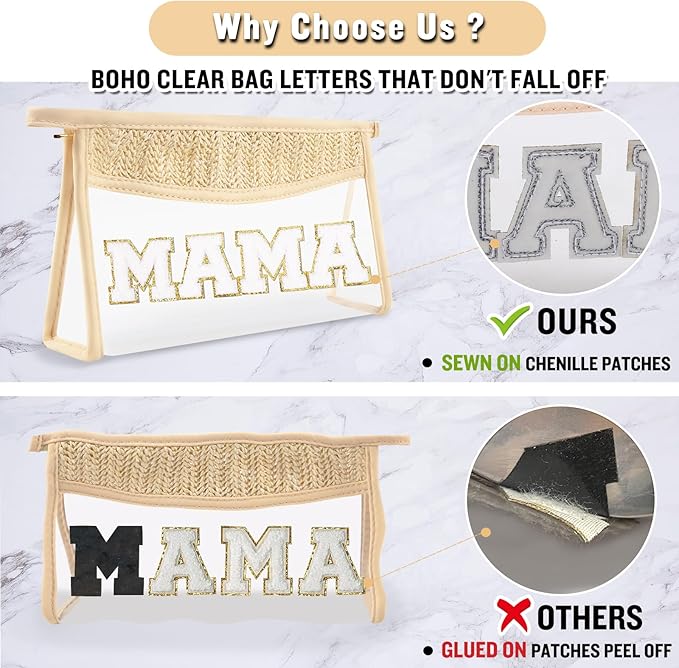 Boho Clear Makeup Letter Patch Makeup Bag MAMA Pouch, Clear Toiletry Bag Travel Small Cute Preppy Letter Cosmetic Zipper Purse, Transparent PVC Waterproof Diaper Bag Organizing Pouches for Women(MAMA)