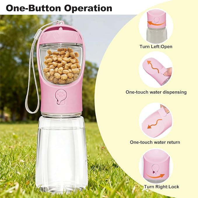 Portable Dog Water Bottle with Food Container, BPA Free Travel Water Bottle for Dogs, 2-in-1 Dispenser Drinking Feeder for Pets Walking, Hiking, Travel, Puppy Essentials, Pink, 12oz